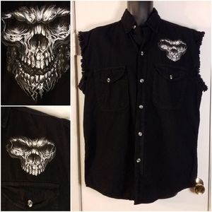 Biker's Edge Mens Black Sleeveless Shirt Vest Med Skull Motorcycle Biker Fringe